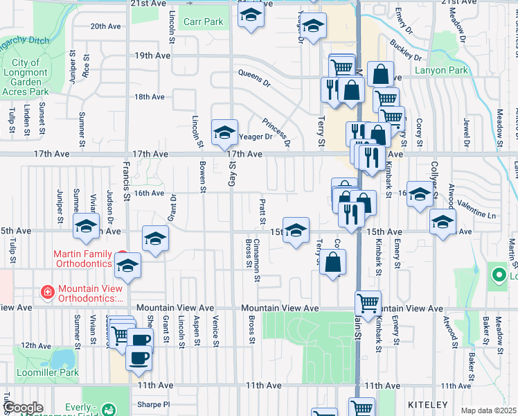 map of restaurants, bars, coffee shops, grocery stores, and more near 951 17th Avenue in Longmont