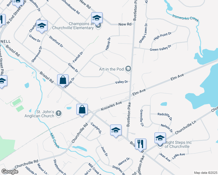 map of restaurants, bars, coffee shops, grocery stores, and more near 78 Valley Drive in Churchville