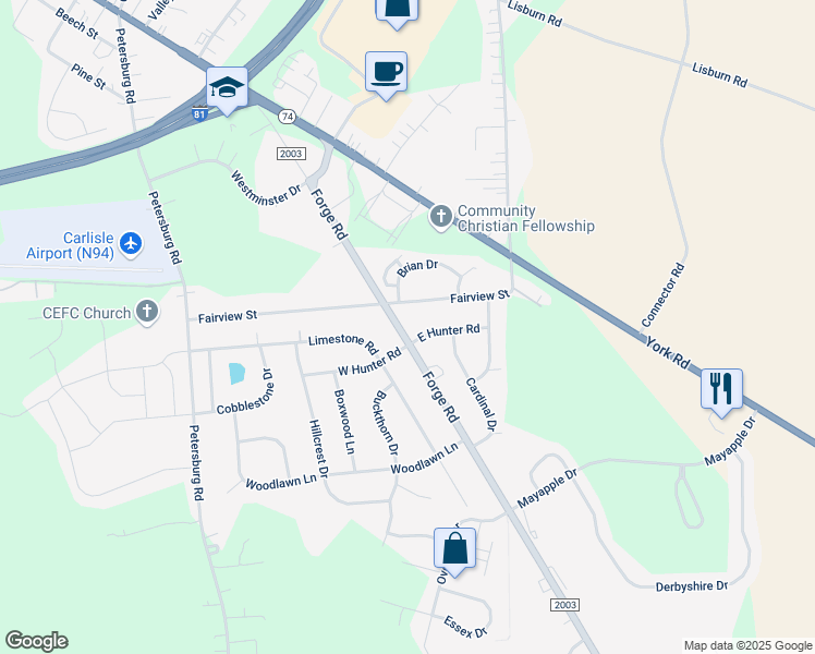map of restaurants, bars, coffee shops, grocery stores, and more near 1003 Forge Road in Carlisle