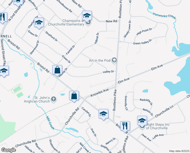 map of restaurants, bars, coffee shops, grocery stores, and more near 86 Valley Drive in Bucks County