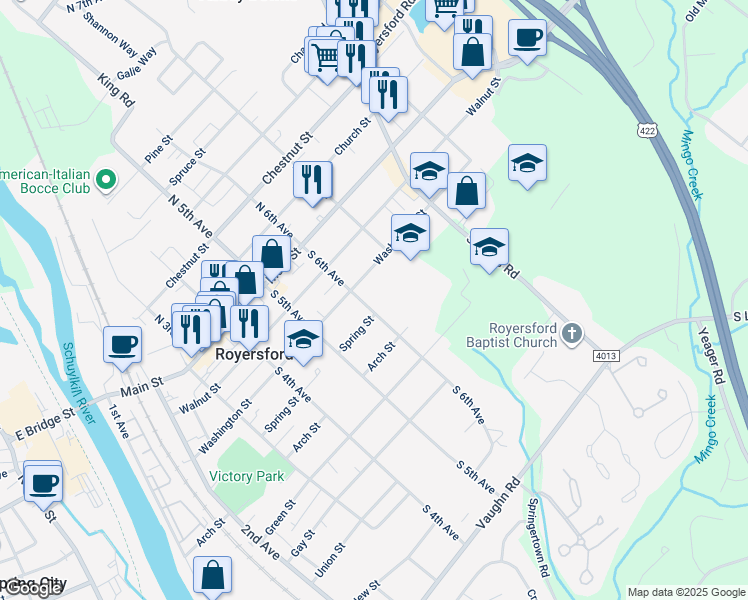 map of restaurants, bars, coffee shops, grocery stores, and more near 200 South 6th Avenue in Royersford