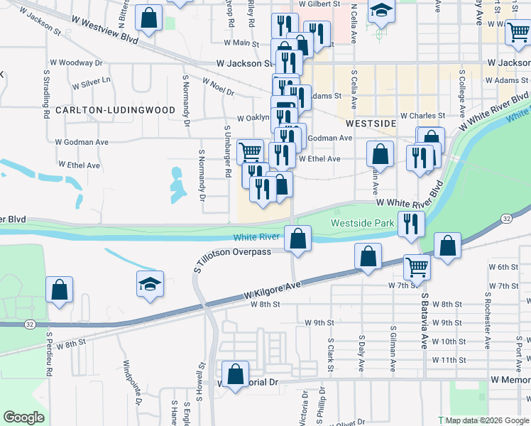 map of restaurants, bars, coffee shops, grocery stores, and more near 2902 West White River Boulevard in Muncie