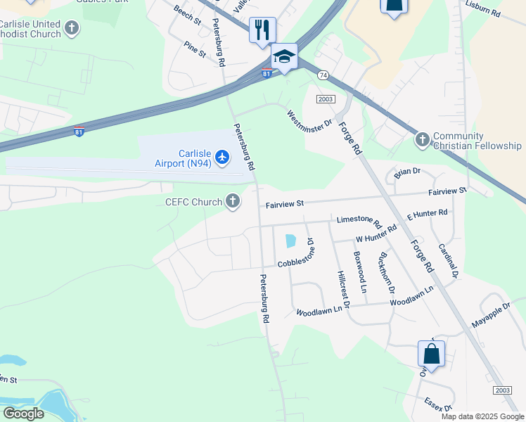 map of restaurants, bars, coffee shops, grocery stores, and more near 341 Fairview Street in Carlisle