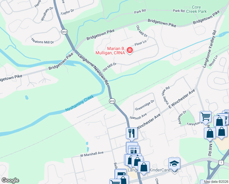 map of restaurants, bars, coffee shops, grocery stores, and more near 569 Newtown-Langhorne Road in Langhorne