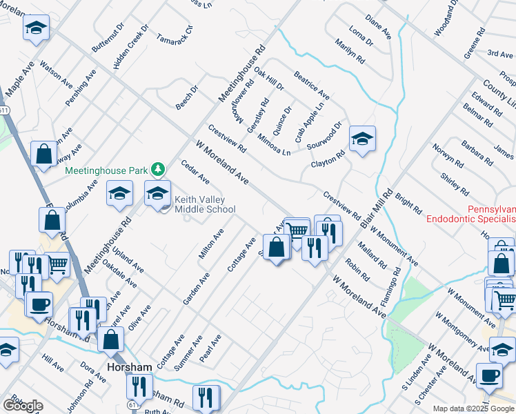 map of restaurants, bars, coffee shops, grocery stores, and more near 210 Southview Drive in Horsham