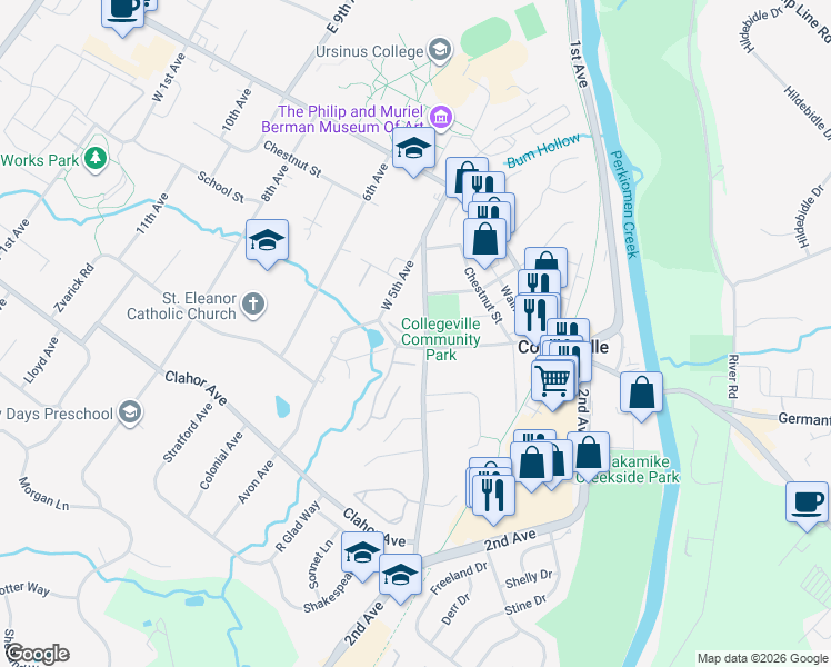 map of restaurants, bars, coffee shops, grocery stores, and more near 330 Park Avenue in Collegeville