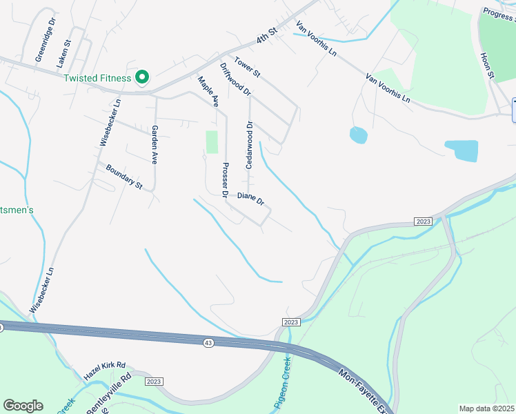 map of restaurants, bars, coffee shops, grocery stores, and more near 209 Diane Drive in Monongahela