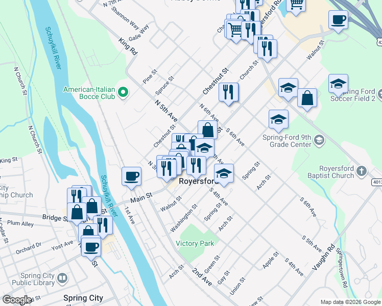 map of restaurants, bars, coffee shops, grocery stores, and more near 25 North 5th Avenue in Royersford