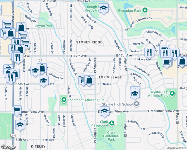 map of restaurants, bars, coffee shops, grocery stores, and more near 1547 Lashley Street in Longmont