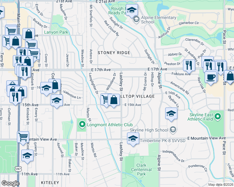 map of restaurants, bars, coffee shops, grocery stores, and more near 1547 Lashley Street in Longmont