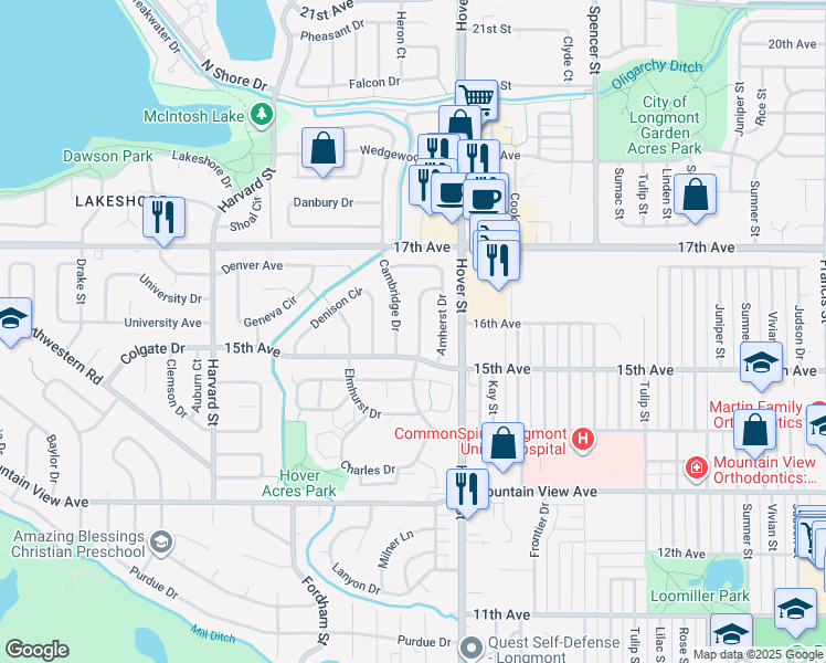 map of restaurants, bars, coffee shops, grocery stores, and more near 1531 Cambridge Drive in Longmont