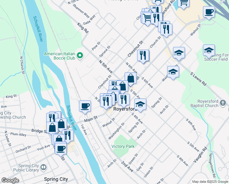 map of restaurants, bars, coffee shops, grocery stores, and more near 415 Church Street in Royersford