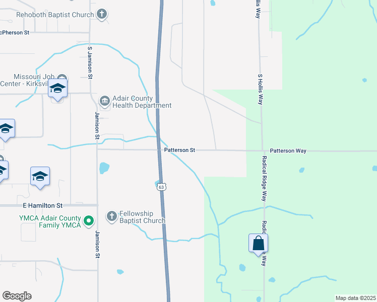 map of restaurants, bars, coffee shops, grocery stores, and more near 26365-26367 Patterson Street in Kirksville