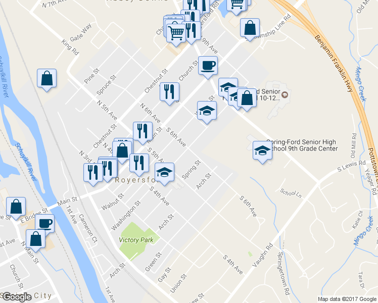 map of restaurants, bars, coffee shops, grocery stores, and more near 590 Washington Street in Royersford