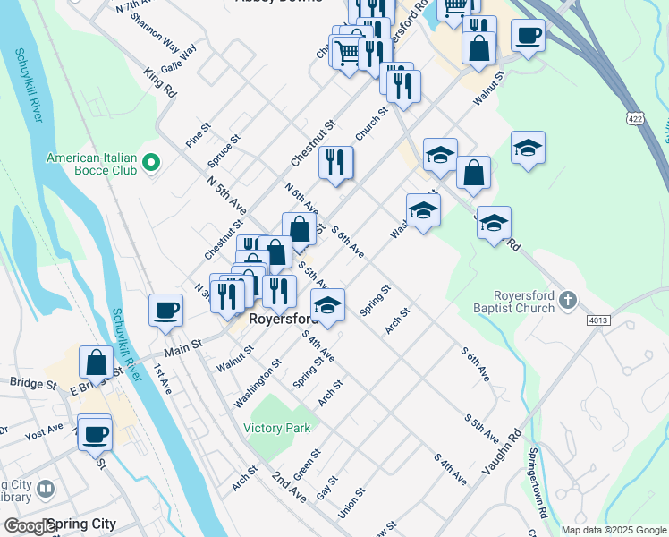 map of restaurants, bars, coffee shops, grocery stores, and more near 524 Walnut Street in Royersford