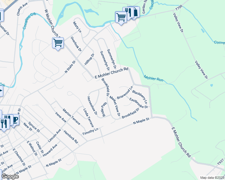 map of restaurants, bars, coffee shops, grocery stores, and more near 71 Brookfield Drive in Ephrata