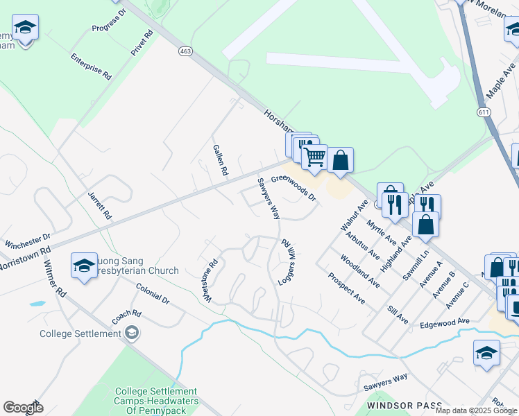 map of restaurants, bars, coffee shops, grocery stores, and more near 9 Cedarbrook Drive in Horsham