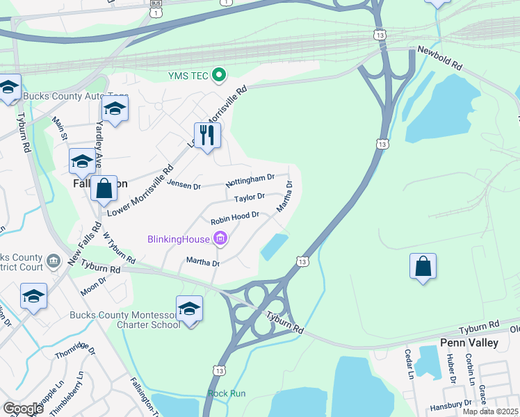 map of restaurants, bars, coffee shops, grocery stores, and more near 22 Robin Hood Drive in Levittown
