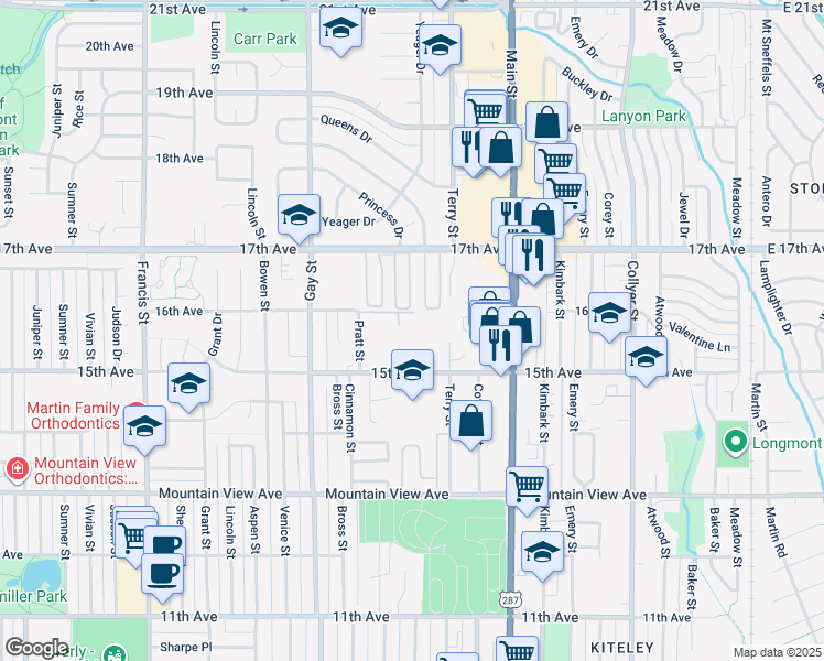 map of restaurants, bars, coffee shops, grocery stores, and more near 800 15th Avenue in Longmont
