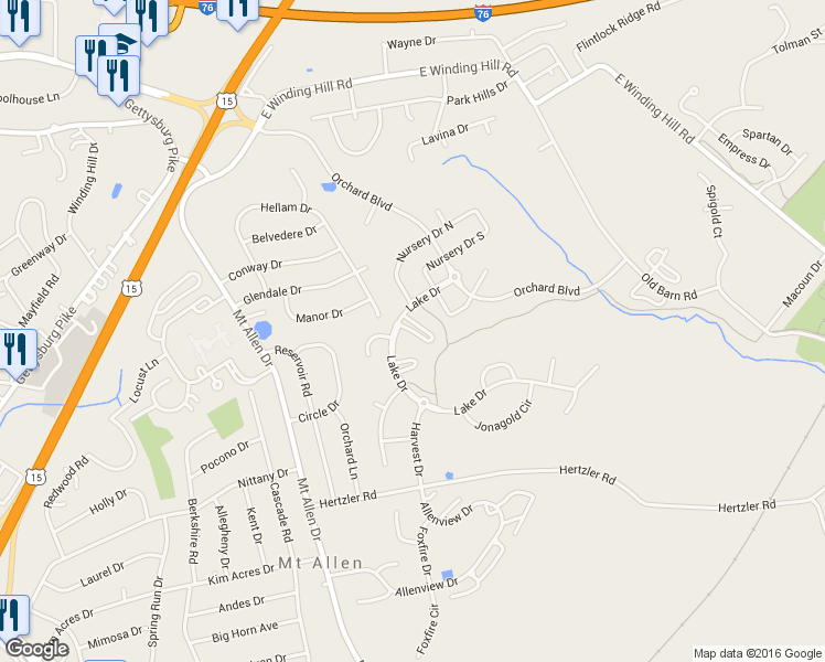 map of restaurants, bars, coffee shops, grocery stores, and more near Roxbury Court in Mechanicsburg