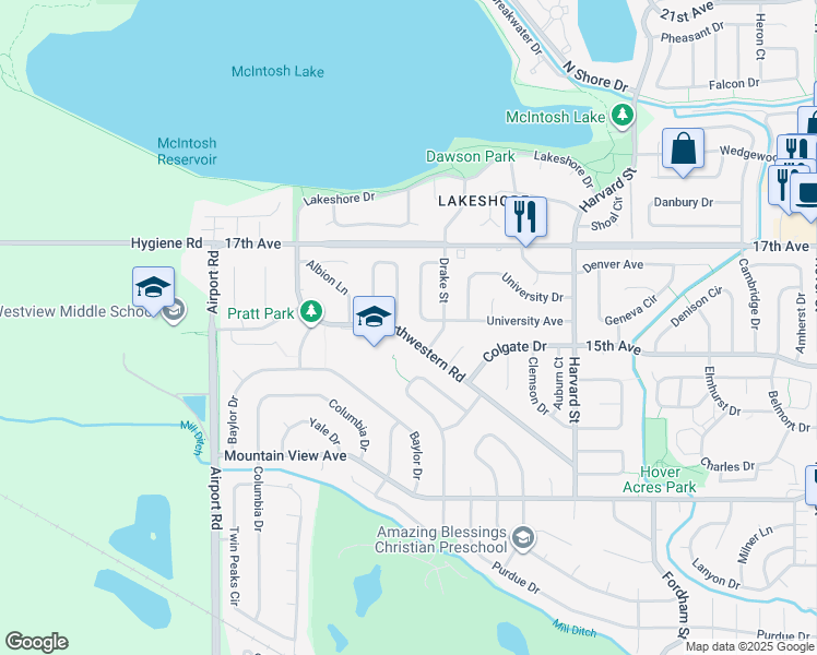 map of restaurants, bars, coffee shops, grocery stores, and more near 1620 Northwestern Road in Longmont