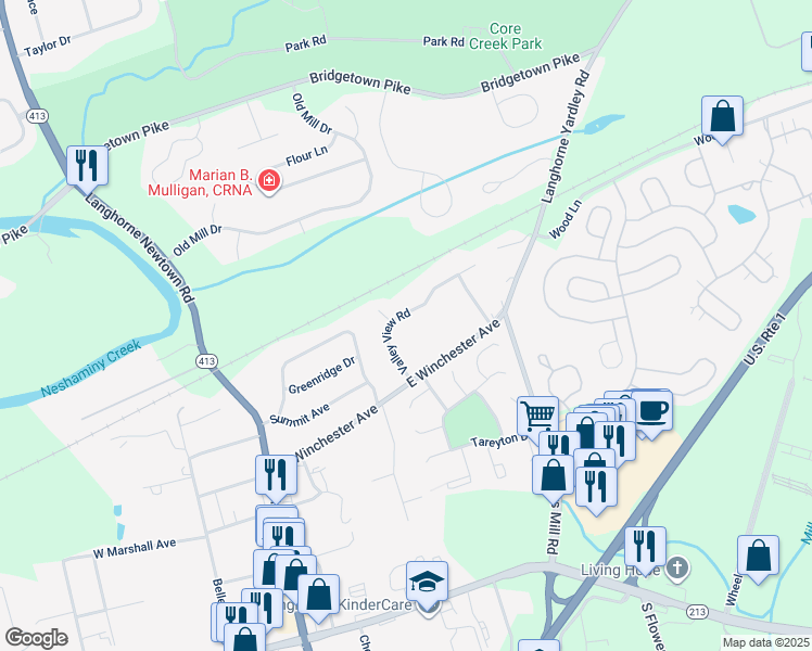 map of restaurants, bars, coffee shops, grocery stores, and more near 504 Valley View Road in Langhorne