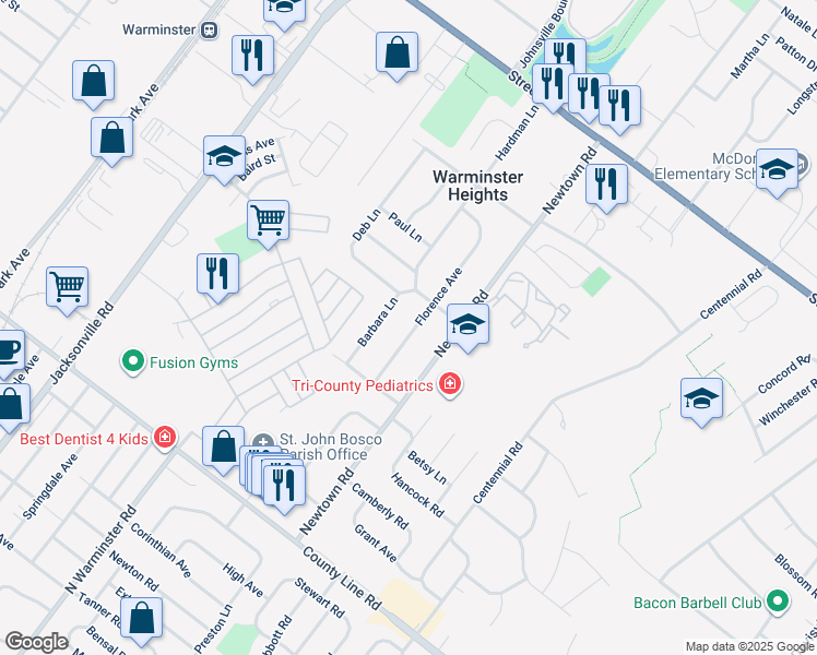 map of restaurants, bars, coffee shops, grocery stores, and more near 266 Florence Avenue in Warminster