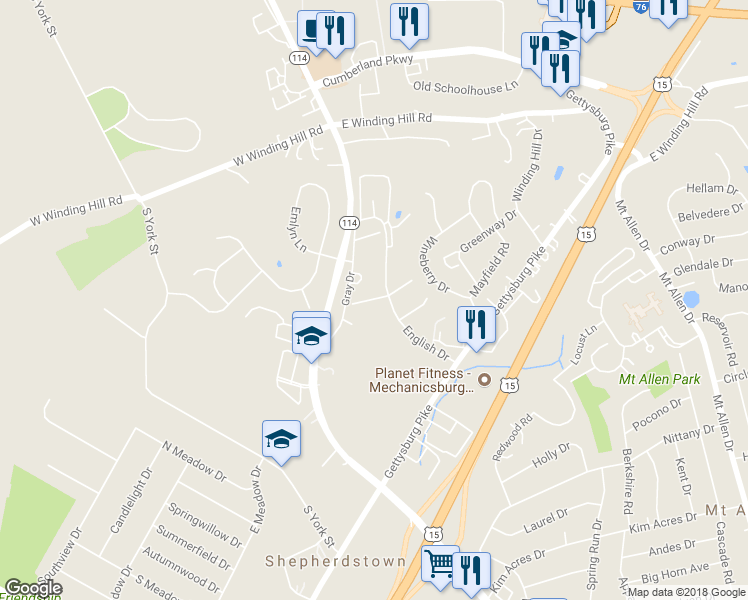 map of restaurants, bars, coffee shops, grocery stores, and more near 14 Dartmouth Court in Mechanicsburg