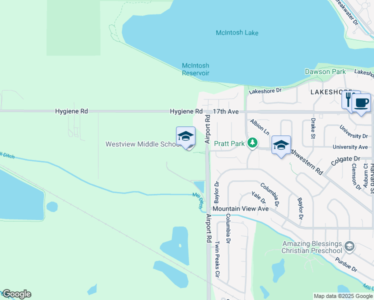 map of restaurants, bars, coffee shops, grocery stores, and more near 1651 Airport Road in Longmont