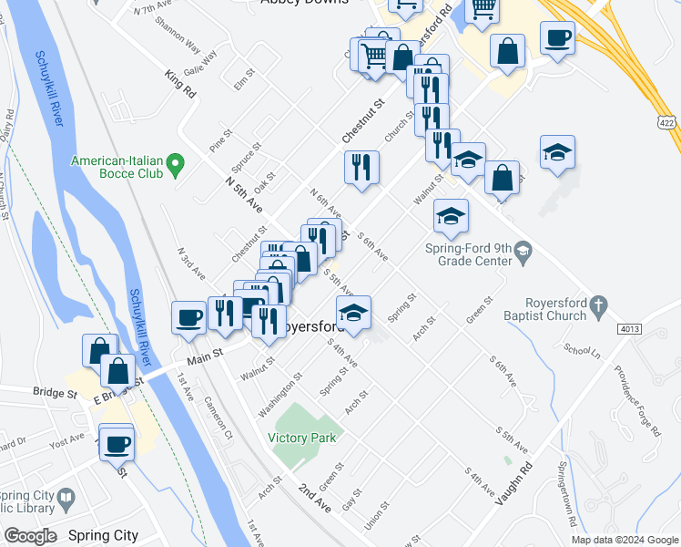 map of restaurants, bars, coffee shops, grocery stores, and more near 501 Walnut Street in Royersford