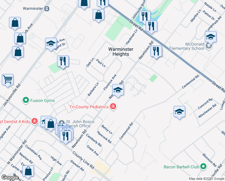 map of restaurants, bars, coffee shops, grocery stores, and more near 288 Newtown Road in Warminster Heights