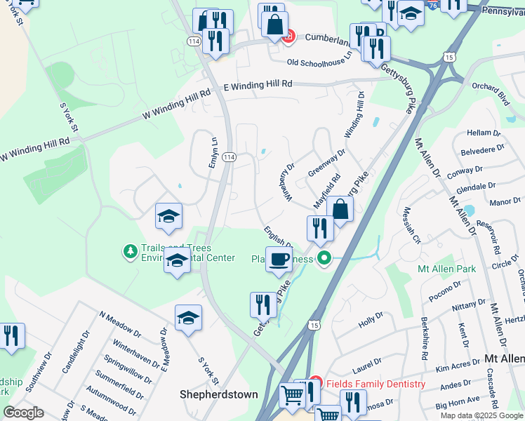 map of restaurants, bars, coffee shops, grocery stores, and more near 1725 English Drive in Mechanicsburg