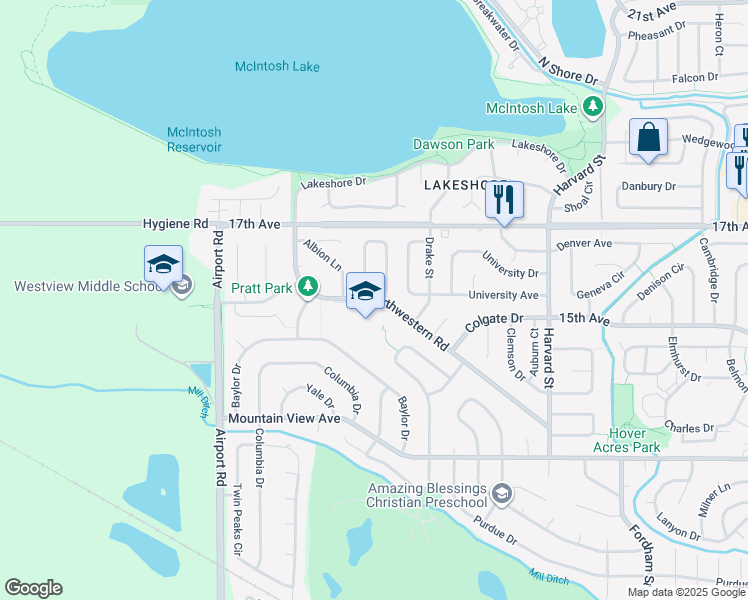 map of restaurants, bars, coffee shops, grocery stores, and more near 1601 Northwestern Road in Longmont