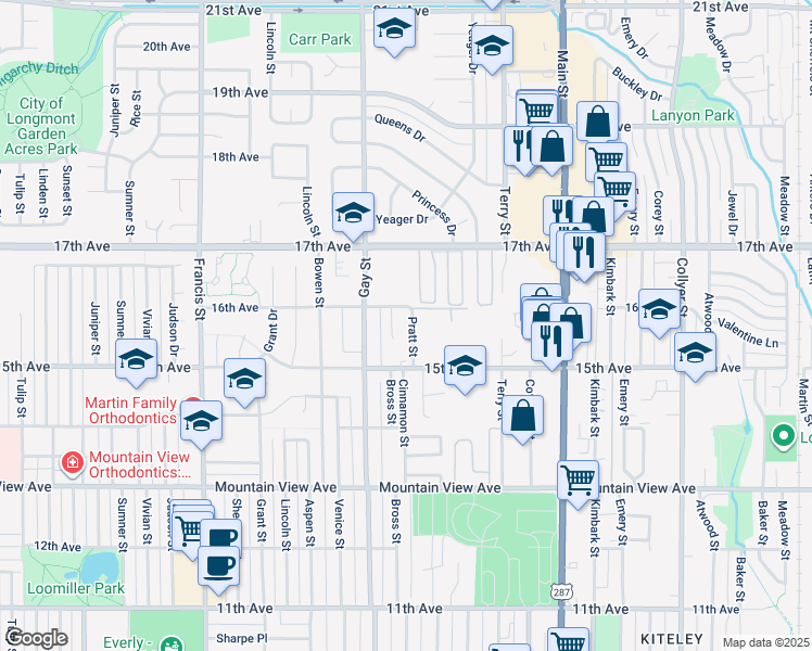 map of restaurants, bars, coffee shops, grocery stores, and more near 951 17th Avenue in Longmont
