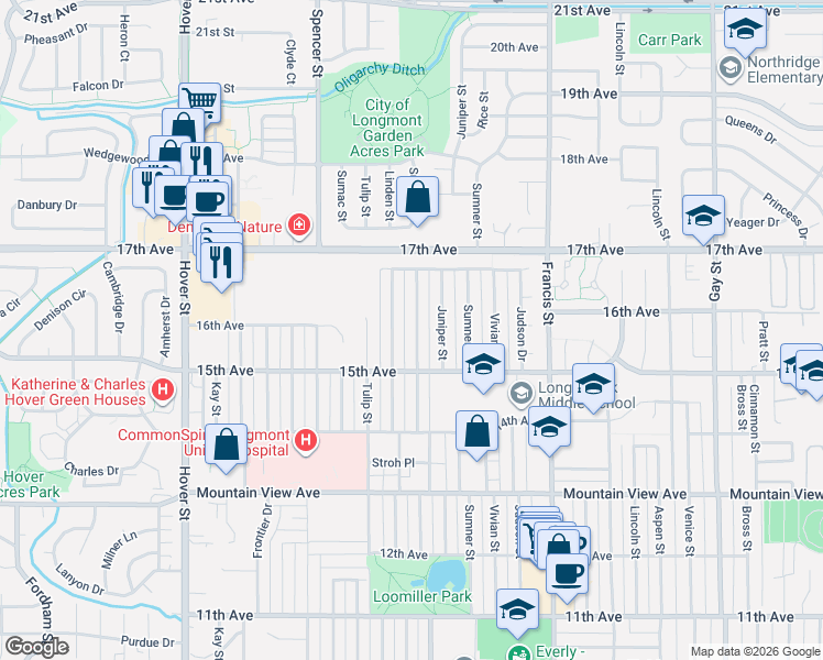map of restaurants, bars, coffee shops, grocery stores, and more near 1538 Sunset Street in Longmont
