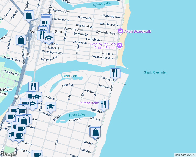 map of restaurants, bars, coffee shops, grocery stores, and more near 202 1st Avenue in Avon-by-the-Sea