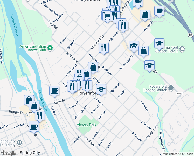 map of restaurants, bars, coffee shops, grocery stores, and more near 500 Main Street in Royersford