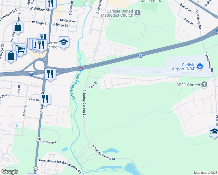 map of restaurants, bars, coffee shops, grocery stores, and more near 230 Meals Drive in Carlisle