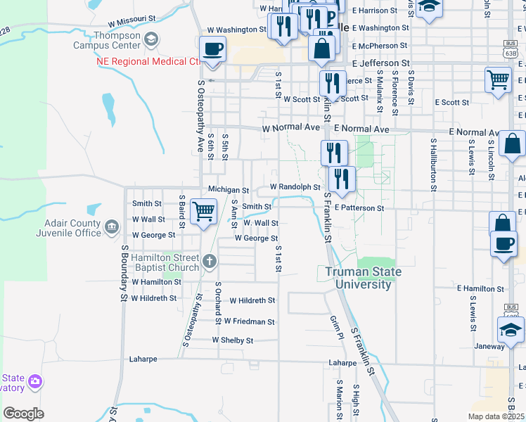 map of restaurants, bars, coffee shops, grocery stores, and more near 602 West Smith Street in Kirksville
