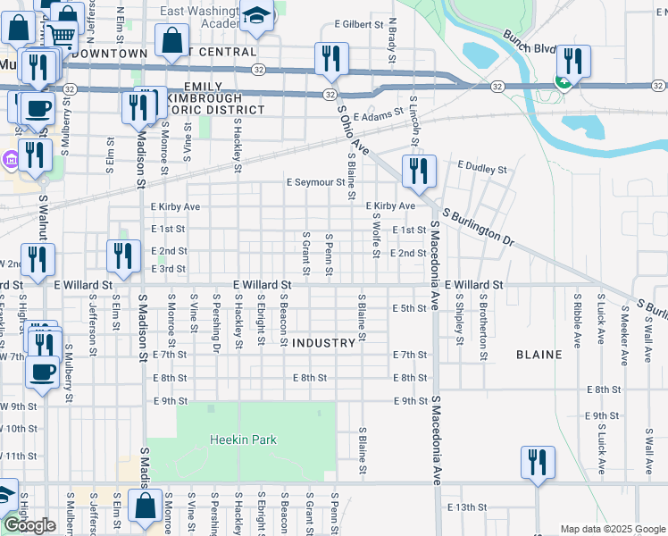 map of restaurants, bars, coffee shops, grocery stores, and more near 906 South Penn Street in Muncie