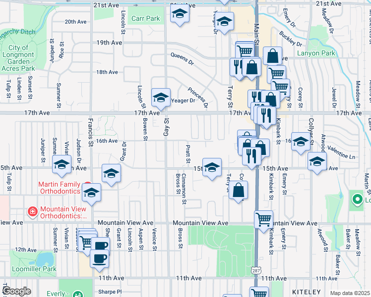 map of restaurants, bars, coffee shops, grocery stores, and more near 951 17th Avenue in Longmont