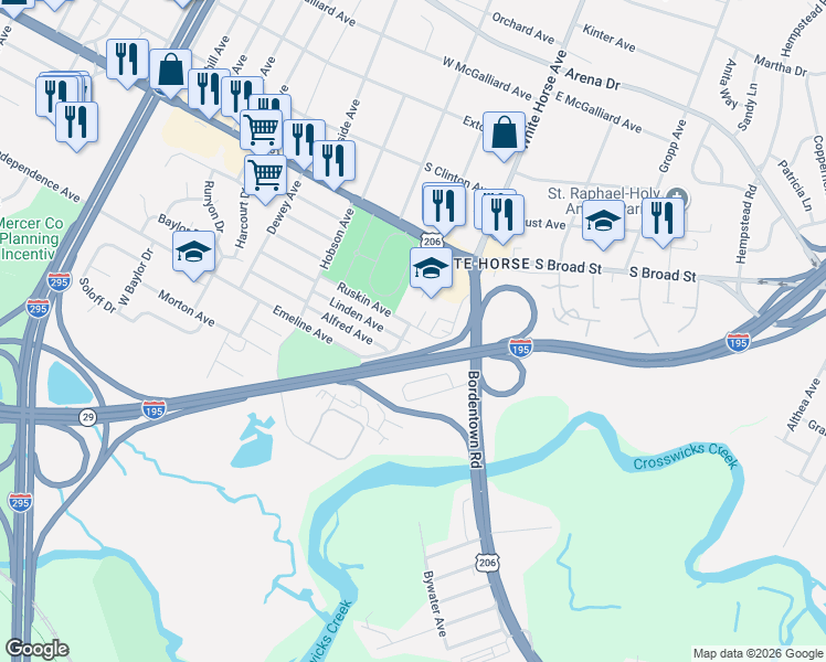 map of restaurants, bars, coffee shops, grocery stores, and more near 137 Ruskin Avenue in Trenton