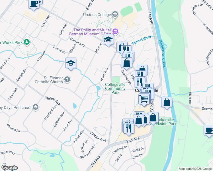map of restaurants, bars, coffee shops, grocery stores, and more near 330 Park Avenue in Collegeville