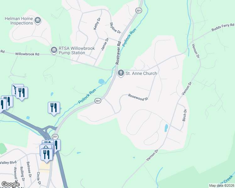 map of restaurants, bars, coffee shops, grocery stores, and more near 1842 Rostraver Road in Belle Vernon