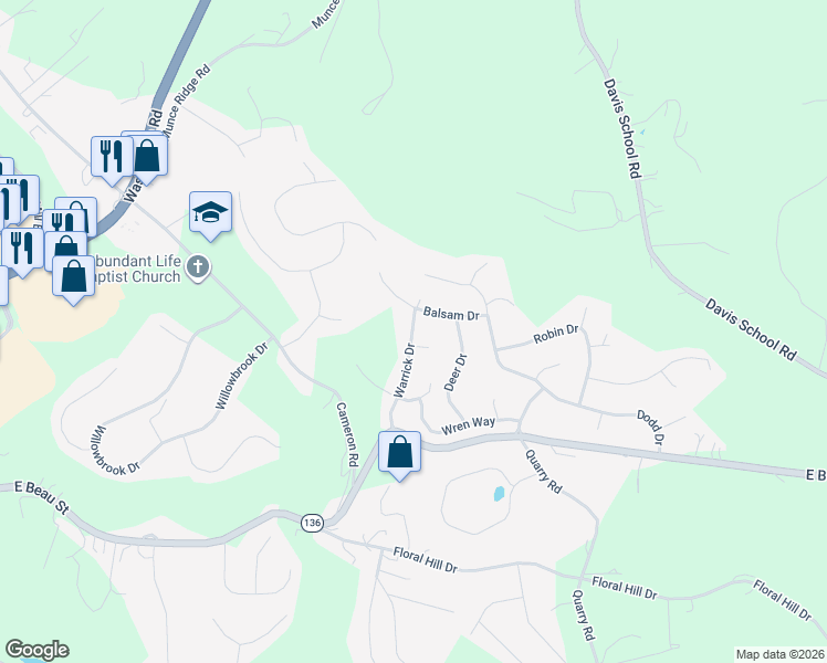 map of restaurants, bars, coffee shops, grocery stores, and more near 1008 Balsam Drive in Washington