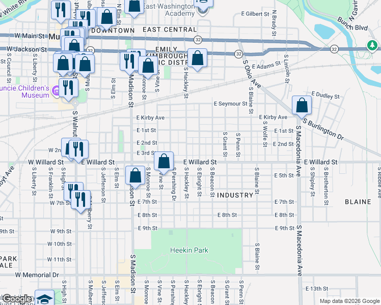 map of restaurants, bars, coffee shops, grocery stores, and more near 926 South Hackley Street in Muncie
