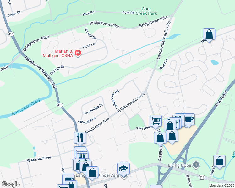 map of restaurants, bars, coffee shops, grocery stores, and more near 504 Valley View Road in Langhorne