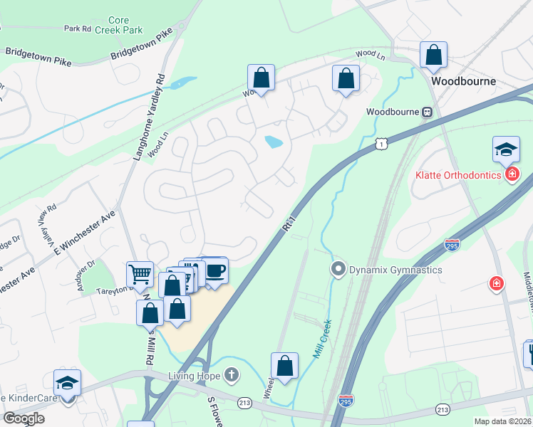 map of restaurants, bars, coffee shops, grocery stores, and more near 621 Bellflower Road in Langhorne