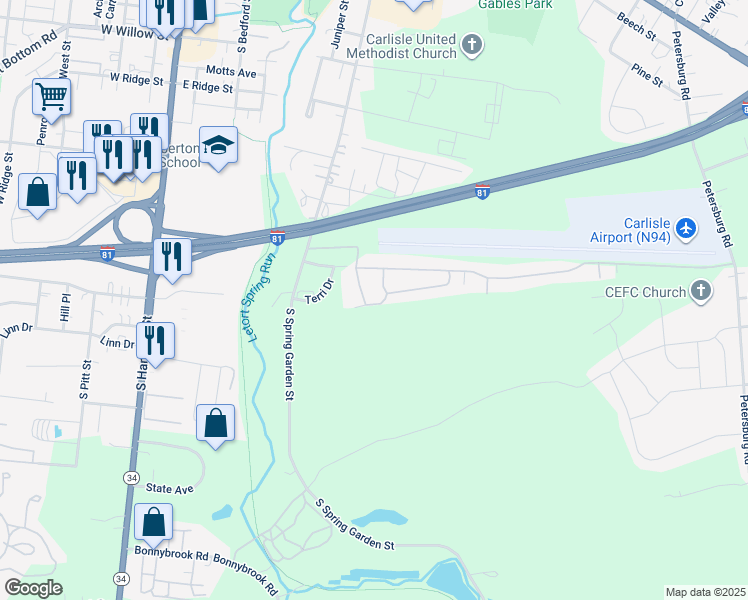 map of restaurants, bars, coffee shops, grocery stores, and more near 230 Meals Drive in Carlisle