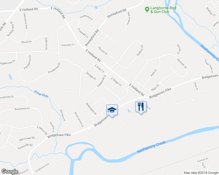 map of restaurants, bars, coffee shops, grocery stores, and more near 26 Savage Drive in Langhorne